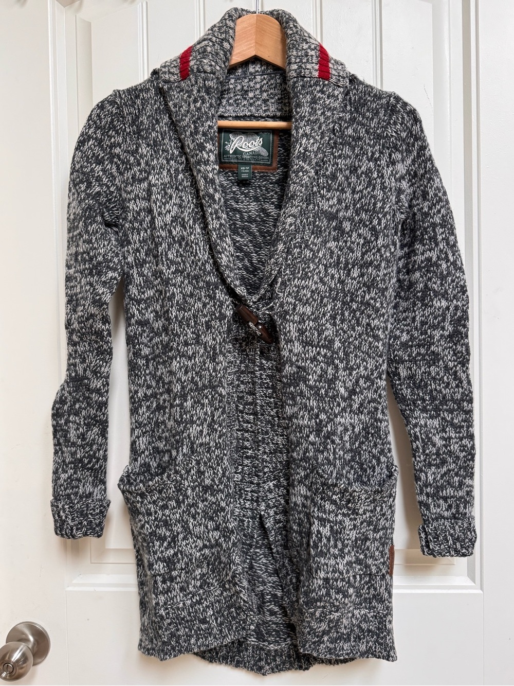 Roots Lambswool Marled Grey and White Open Front Shawl Neck Cardigan. Size XS